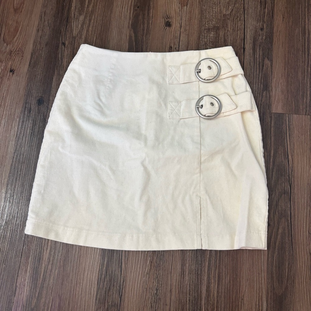Forever 21 Cream Corduroy Mini Skirt with Double Buckle Size S